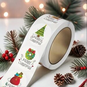 Merry Christmas Sticker Roll 500 Count 1 Inch Diameter Self Adhesive